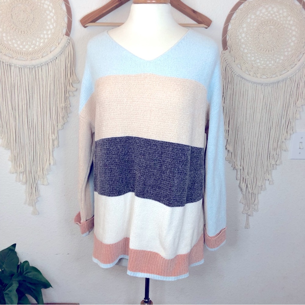 Soft surroundings chenille color block v neck sweater